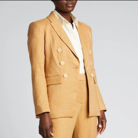 Veronica Beard‎ Gaya Linen-Blend Pinstriped Dickey Blazer Camel - Picture 3 of 11